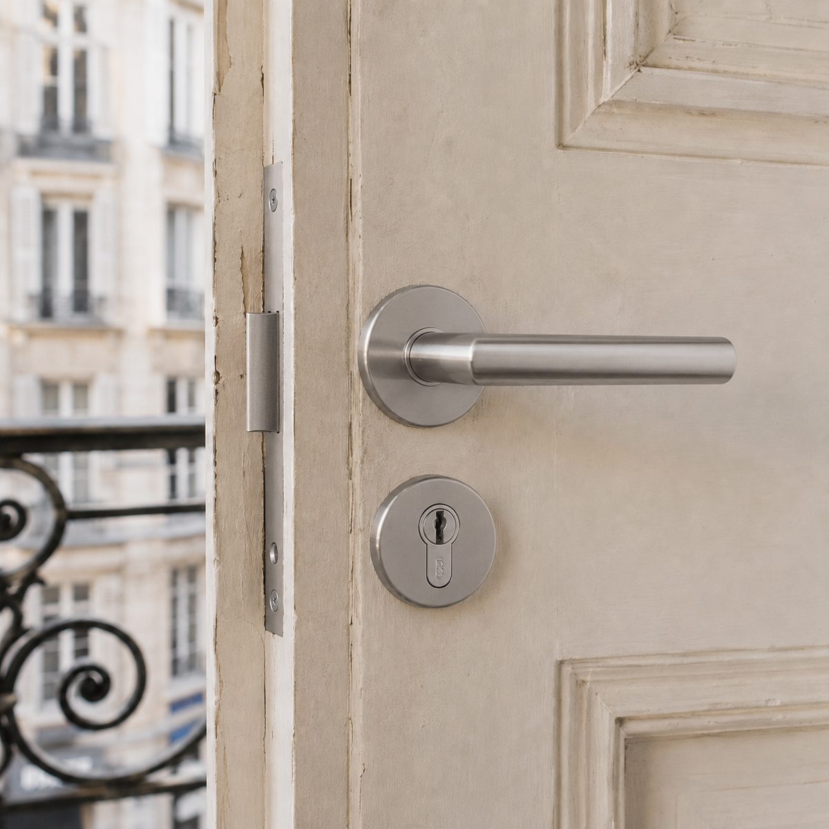 Après : serrure multipoints neuve posée sur la même porte